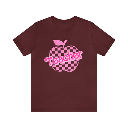 Pink Checkered Teacher Shirts, Trendy Teacher T Shirt, Retro Back to school, Teacher Appreciation, Apple Checkered Teacher Tee, T739