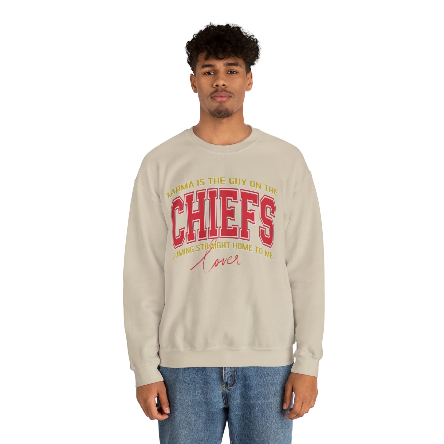 Karma Is The Guy On The Chiefs Sweatshirt, Crewneck Game Day Sweatshirt Football Sweatshirt, Coming straight home Sweatshirt, S936