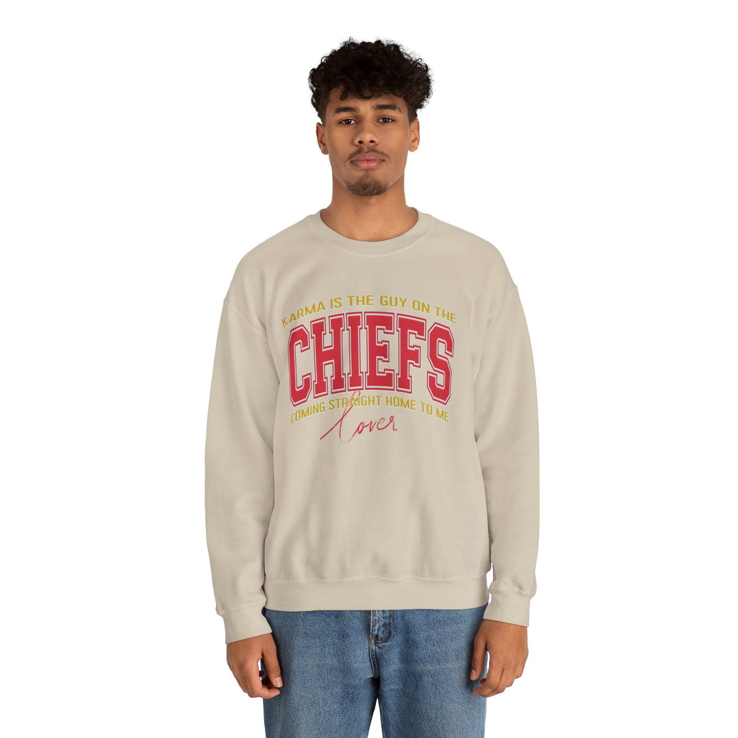 Karma Is The Guy On The Chiefs Sweatshirt, Crewneck Game Day Sweatshirt Football Sweatshirt, Coming straight home Sweatshirt, SW936