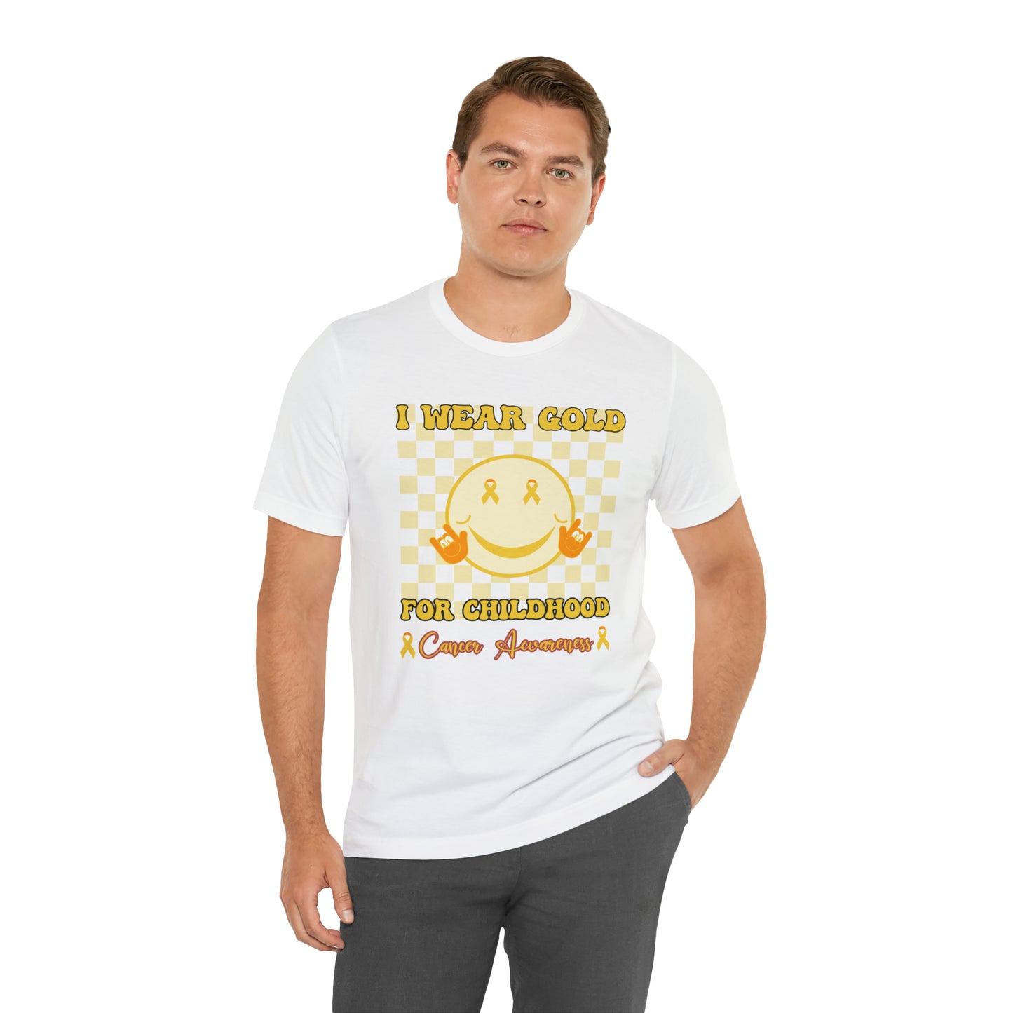 I Wear Gold For Childhood Cancer Awareness Shirt, Gift for Mom, Gold Cancer Ribbon Outfit, Pediatric Cancer Awareness Cute Gift, T779