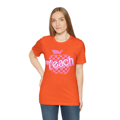 Pink Checkered Teacher Shirts, Trendy Teacher T Shirt, Retro Back to school, Teacher Appreciation, Apple Checkered Teacher Tee, T738