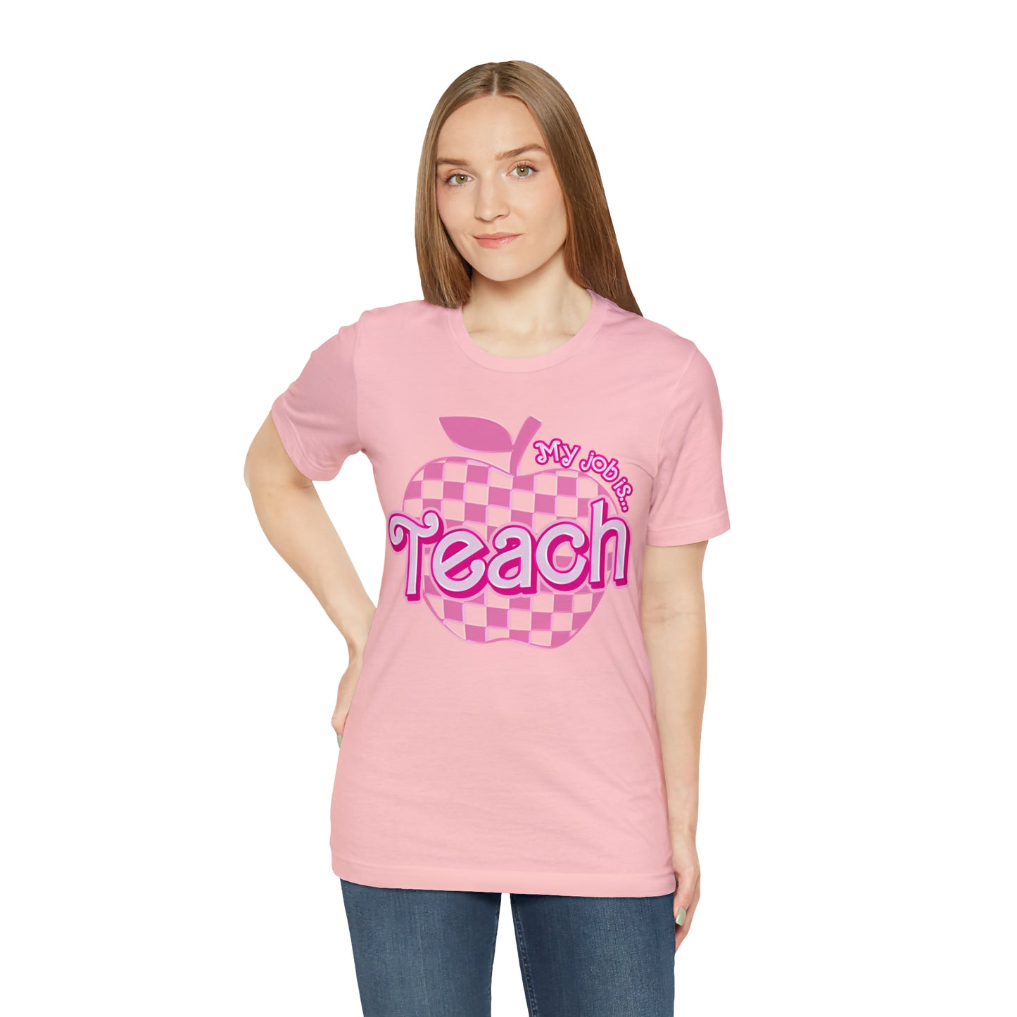 My Job is Teach Shirt, 3D Text Printer Pink Teacher Shirts, Trendy Teacher T Shirt, Retro Back to school, Teacher Appreciation, T803