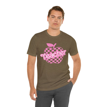 Pink Checkered Teacher Shirts, Trendy Teacher T Shirt, Retro Back to school, Teacher Appreciation, Apple Checkered Teacher Tee, T740