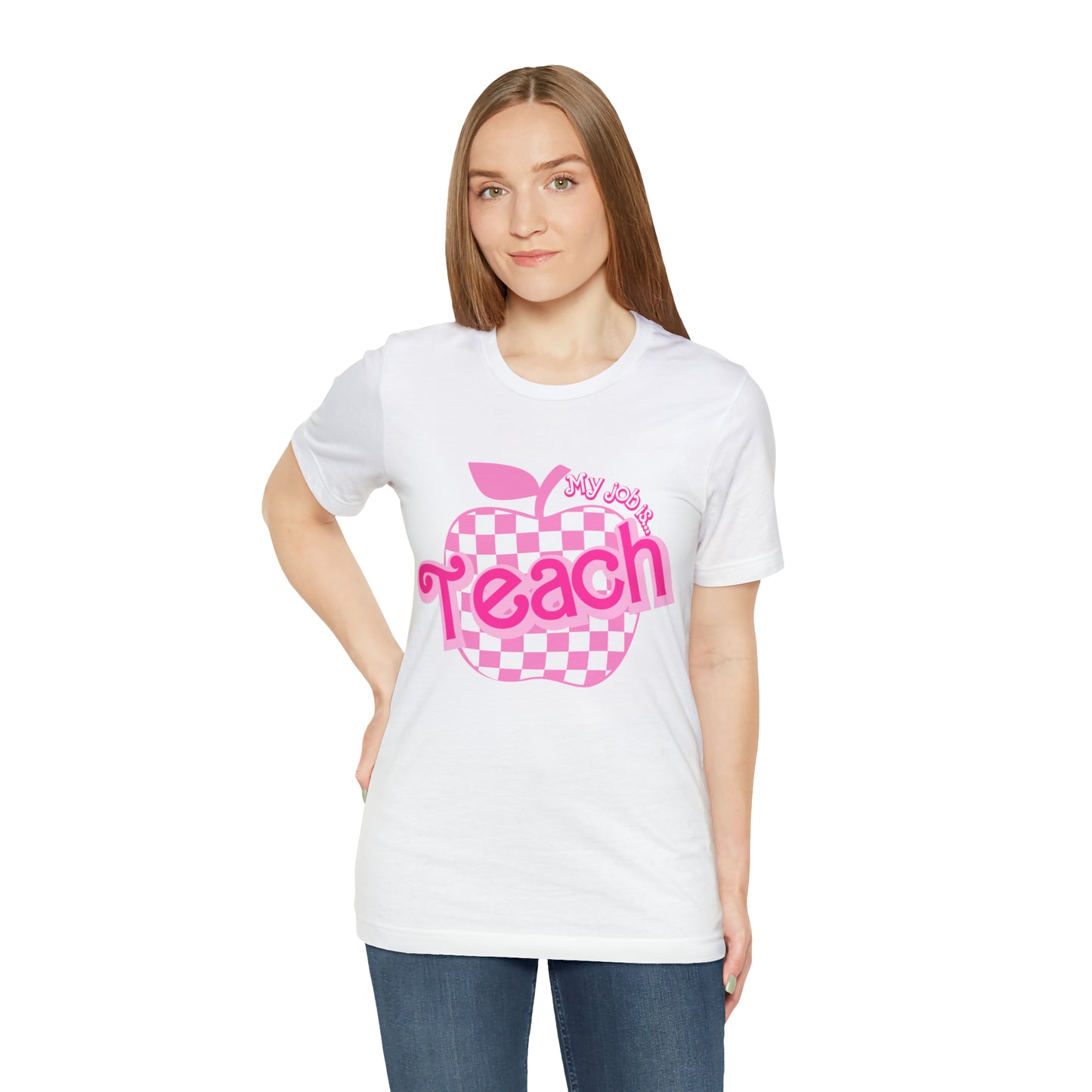 My Job is Teach Shirt, Pink Teacher Shirts, Trendy Teacher T Shirt, Retro Back to school, Teacher Appreciation, Checkered Teacher Tee, T736