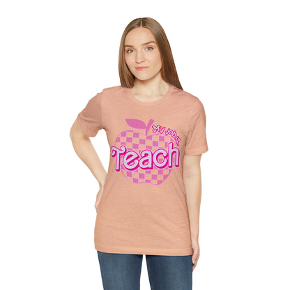 My Job is Teach Shirt, 3D Text Printer Pink Teacher Shirts, Trendy Teacher T Shirt, Retro Back to school, Teacher Appreciation, T803