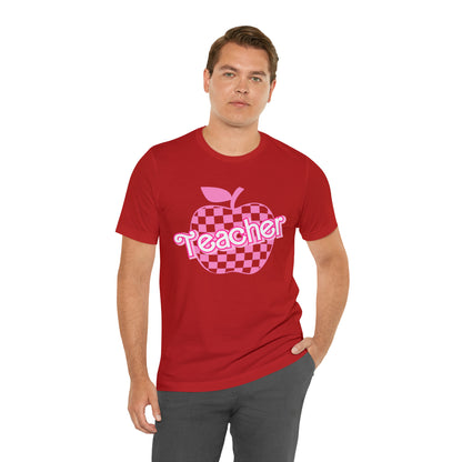 Pink Checkered Teacher Shirts, Trendy Teacher T Shirt, Retro Back to school, Teacher Appreciation, Apple Checkered Teacher Tee, T740