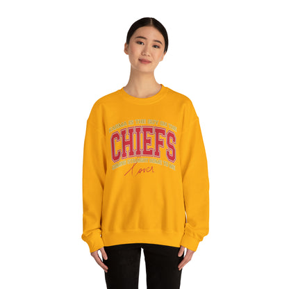 Karma Is The Guy On The Chiefs Sweatshirt, Crewneck Game Day Sweatshirt Football Sweatshirt, Coming straight home Sweatshirt, SW936