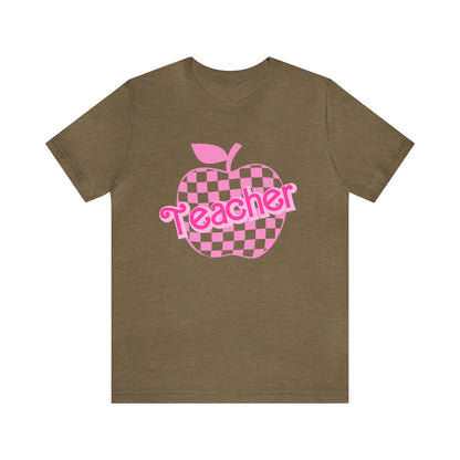 Pink Checkered Teacher Shirts, Trendy Teacher T Shirt, Retro Back to school, Teacher Appreciation, Apple Checkered Teacher Tee, T739