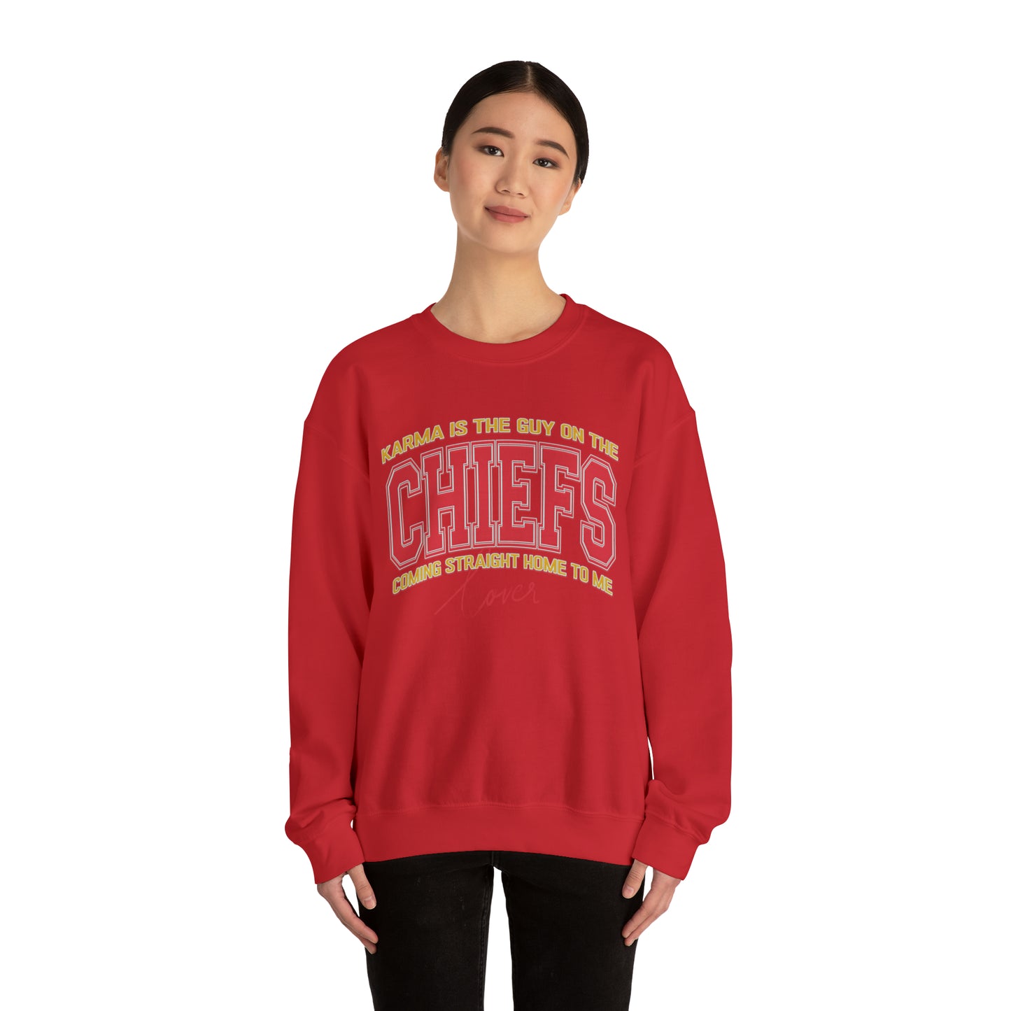 Karma Is The Guy On The Chiefs Sweatshirt, Crewneck Game Day Sweatshirt Football Sweatshirt, Coming straight home Sweatshirt, SW936