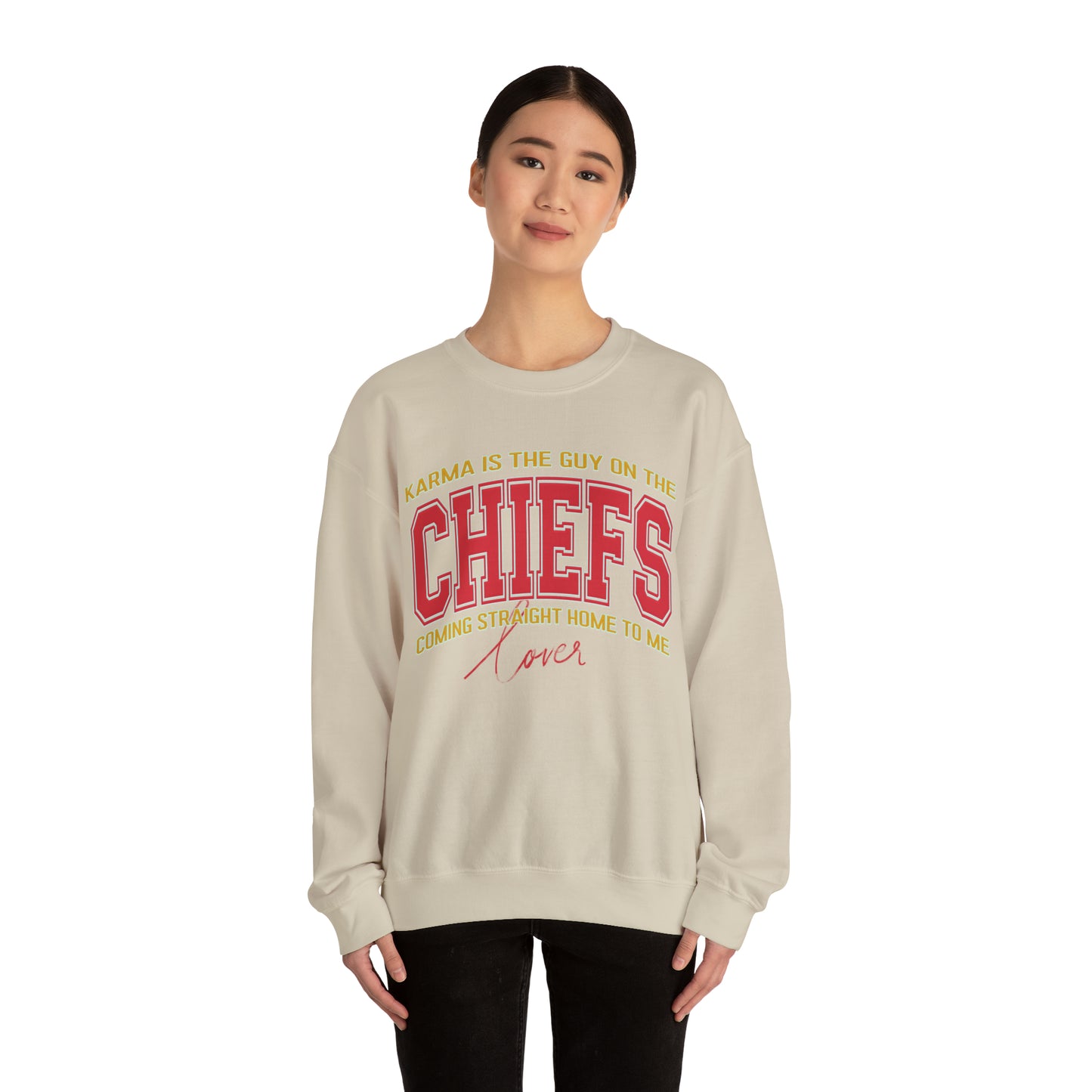 Karma Is The Guy On The Chiefs Sweatshirt, Crewneck Game Day Sweatshirt Football Sweatshirt, Coming straight home Sweatshirt, S936