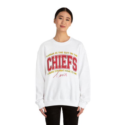 Karma Is The Guy On The Chiefs Sweatshirt, Crewneck Game Day Sweatshirt Football Sweatshirt, Coming straight home Sweatshirt, S936