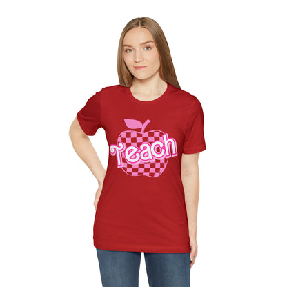 Pink Checkered Teacher Shirts, Trendy Teacher T Shirt, Retro Back to school, Teacher Appreciation, Apple Checkered Teacher Tee, T738