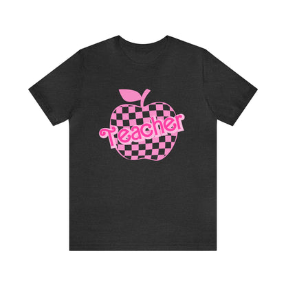 Pink Checkered Teacher Shirts, Trendy Teacher T Shirt, Retro Back to school, Teacher Appreciation, Apple Checkered Teacher Tee, T739