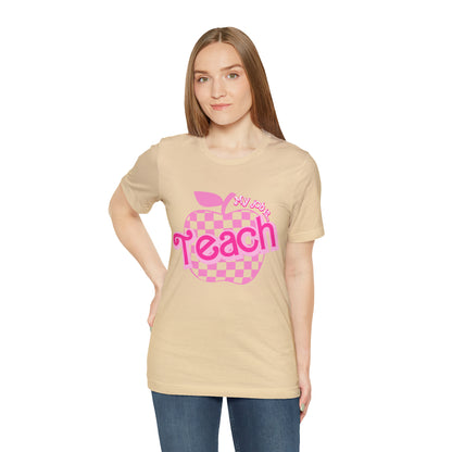 My Job is Teach Shirt, Pink Teacher Shirts, Trendy Teacher T Shirt, Retro Back to school, Teacher Appreciation, Checkered Teacher Tee, T736