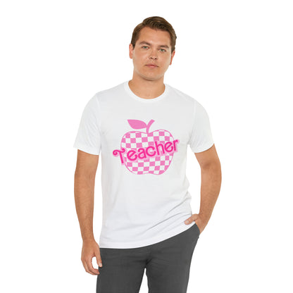 Pink Checkered Teacher Shirts, Trendy Teacher T Shirt, Retro Back to school, Teacher Appreciation, Apple Checkered Teacher Tee, T739