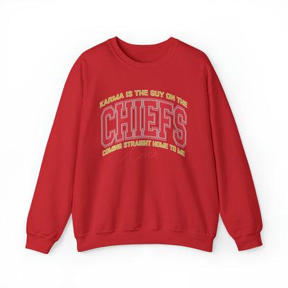 Karma Is The Guy On The Chiefs Sweatshirt, Crewneck Game Day Sweatshirt Football Sweatshirt, Coming straight home Sweatshirt, SW936