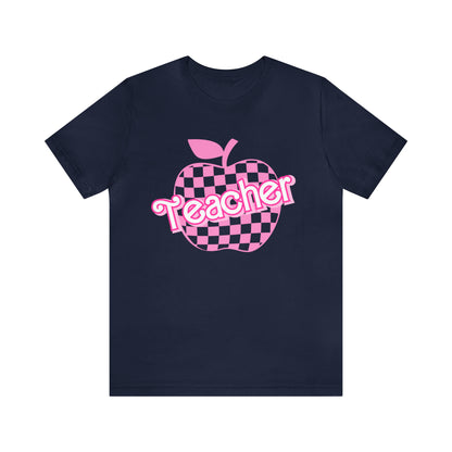 Pink Checkered Teacher Shirts, Trendy Teacher T Shirt, Retro Back to school, Teacher Appreciation, Apple Checkered Teacher Tee, T740