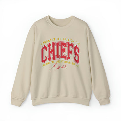 Karma Is The Guy On The Chiefs Sweatshirt, Crewneck Game Day Sweatshirt Football Sweatshirt, Coming straight home Sweatshirt, S936