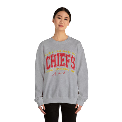 Karma Is The Guy On The Chiefs Sweatshirt, Crewneck Game Day Sweatshirt Football Sweatshirt, Coming straight home Sweatshirt, S936