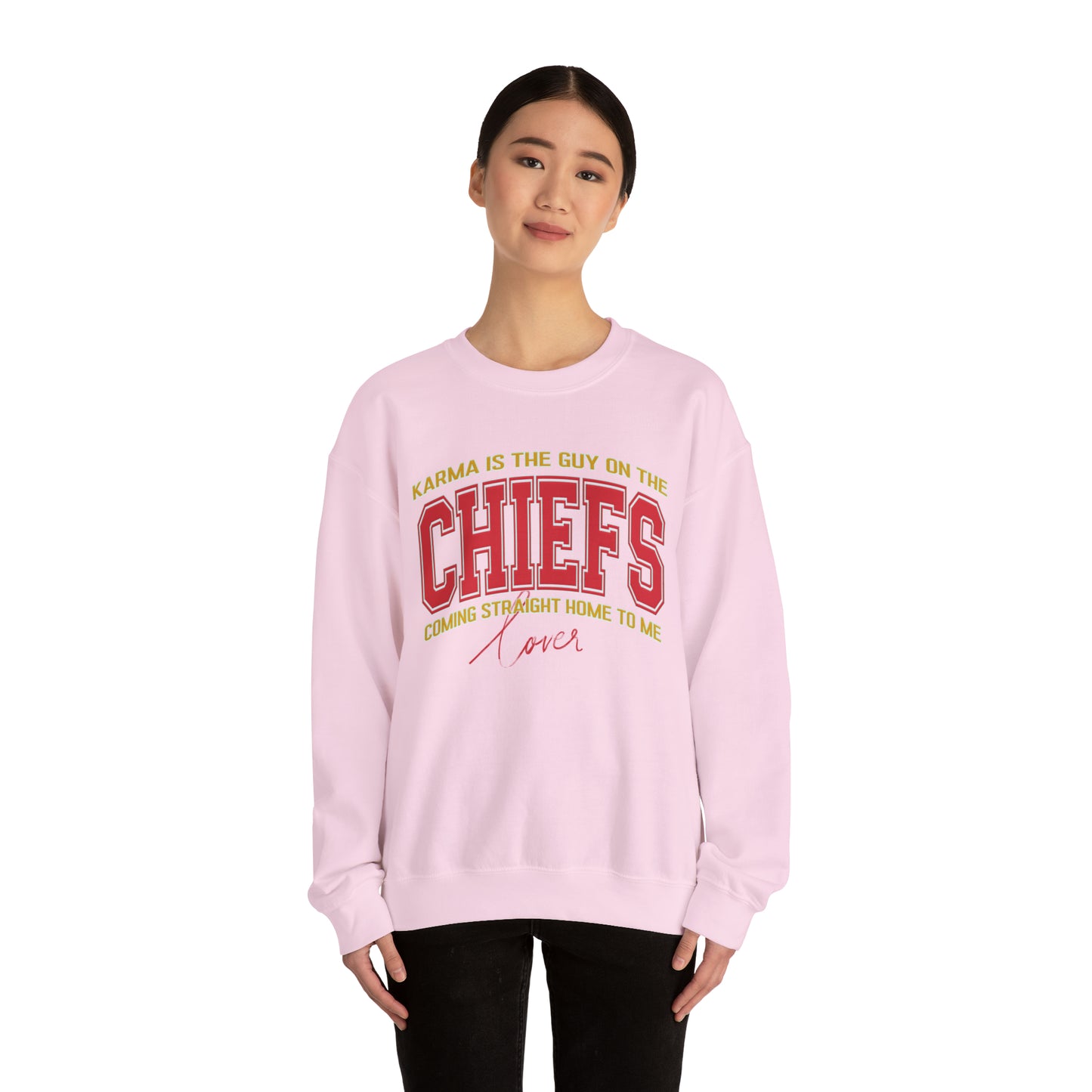 Karma Is The Guy On The Chiefs Sweatshirt, Crewneck Game Day Sweatshirt Football Sweatshirt, Coming straight home Sweatshirt, SW936