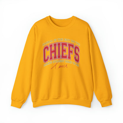 Karma Is The Guy On The Chiefs Sweatshirt, Crewneck Game Day Sweatshirt Football Sweatshirt, Coming straight home Sweatshirt, SW936