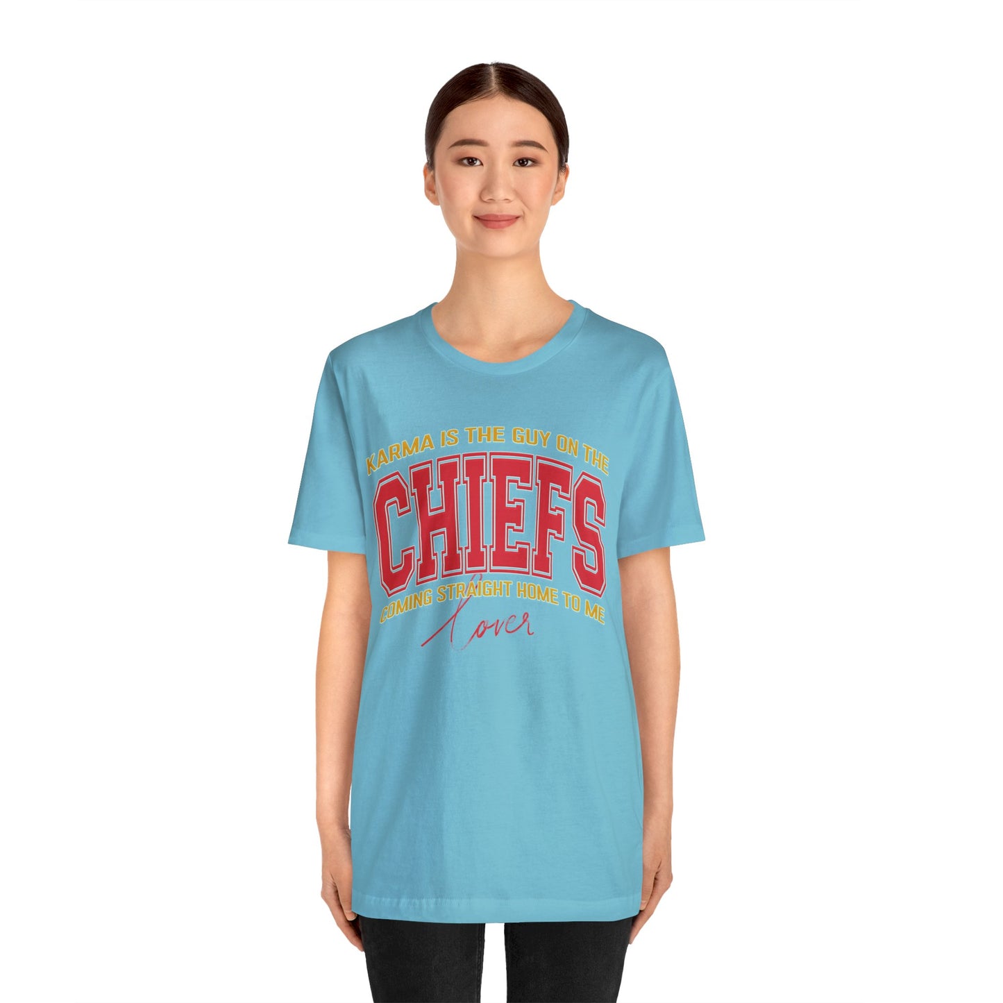 Karma Is The Guy On The Chiefs Shirt, Crewneck Game Day T shirt Football Shirt, Coming straight home Shirt, T936