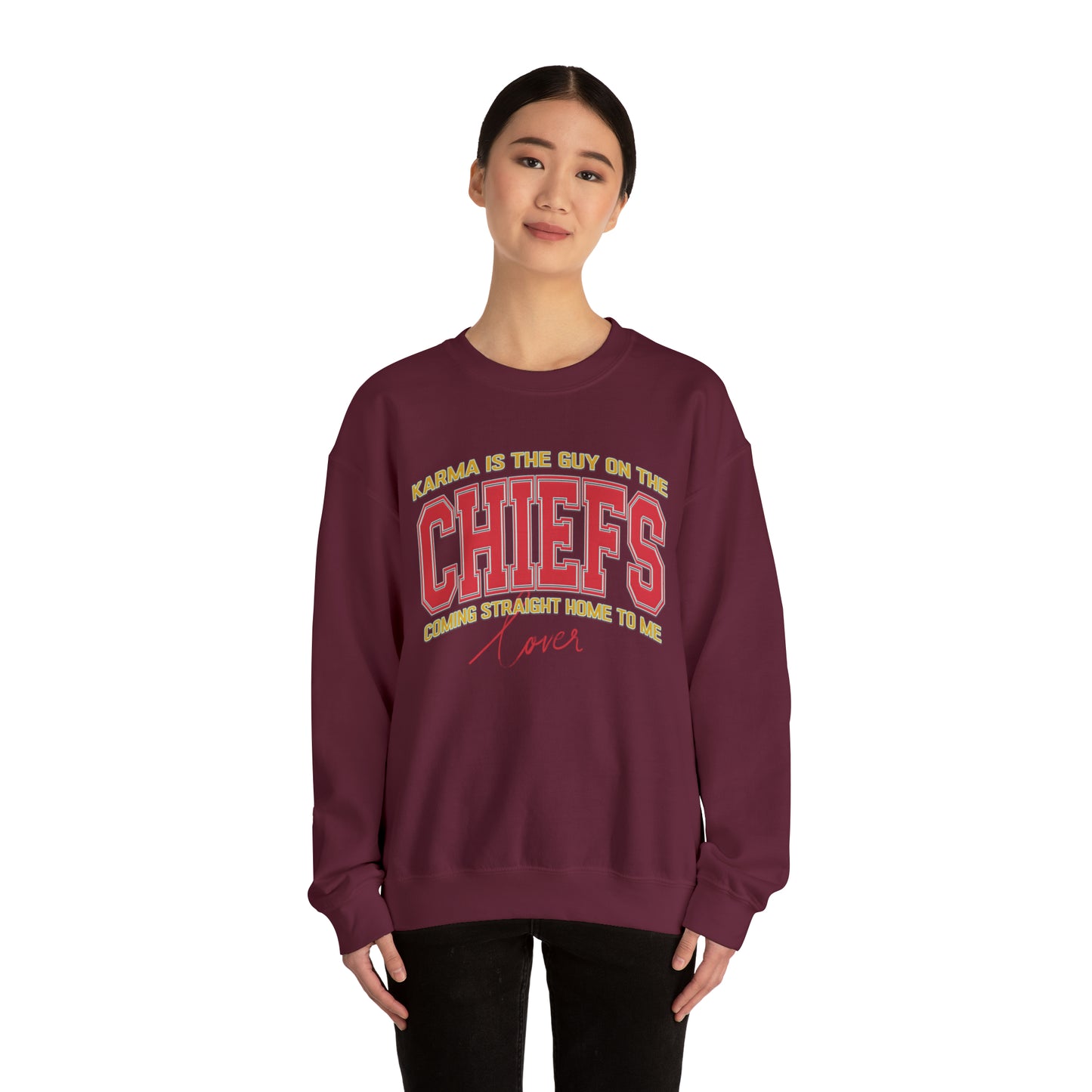 Karma Is The Guy On The Chiefs Sweatshirt, Crewneck Game Day Sweatshirt Football Sweatshirt, Coming straight home Sweatshirt, SW936