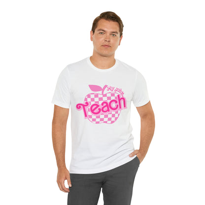 My Job is Teach Shirt, Pink Teacher Shirts, Trendy Teacher T Shirt, Retro Back to school, Teacher Appreciation, Checkered Teacher Tee, T736