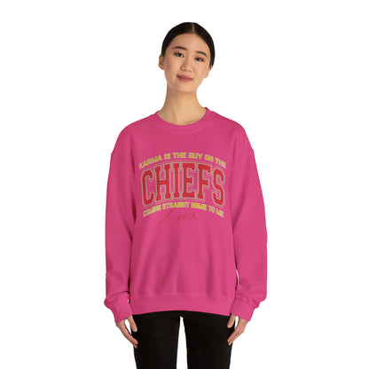 Karma Is The Guy On The Chiefs Sweatshirt, Crewneck Game Day Sweatshirt Football Sweatshirt, Coming straight home Sweatshirt, SW936