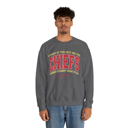 Karma Is The Guy On The Chiefs Sweatshirt, Crewneck Game Day Sweatshirt Football Sweatshirt, Coming straight home Sweatshirt, S936