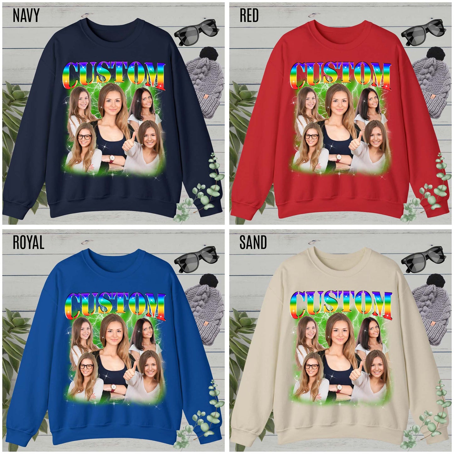 Custom Photo Bootleg Girlfriend Rainbow 90s Retro Vintage Sweatshirt, Face for Boyfriend Birthday Gift on Sweatshirt, Bootleg Tee, S1523