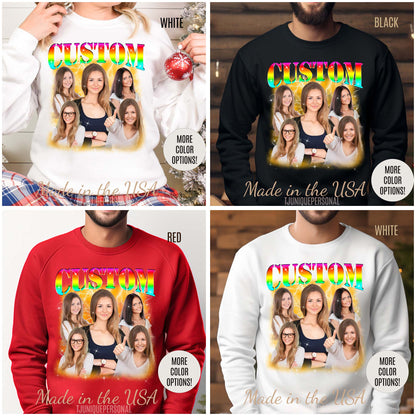 Custom Photo Bootleg Girlfriend Rainbow 90s Retro Vintage Sweatshirt, Face for Boyfriend Birthday Gift on Sweatshirt, Bootleg Tee, S1524