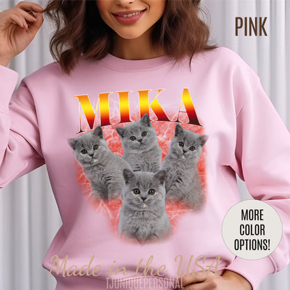 Pet Custom Vintage Sweatshirt, Custom Bootleg Rap Sweatshirt Cat Bootleg Retro 90's Sweatshirt Gift For Her Customize Pet Sweatshirt, SW1334