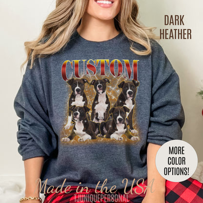 Custom Pet Vintage Washed Sweatshirt, Retro 90s Bootleg Rap Sweatshirt, Personalized Pet Photo Prints Sweatshirt, Ideal for Pet Lover, S1339