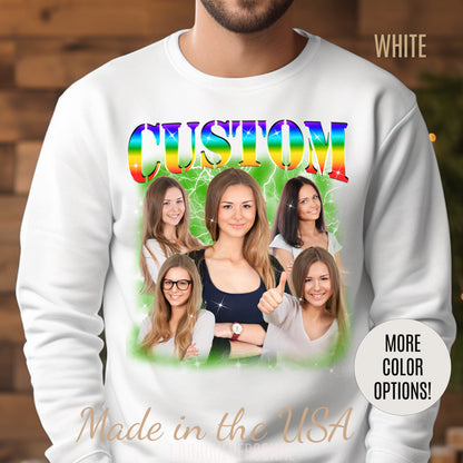 Custom Photo Bootleg Girlfriend Rainbow 90s Retro Vintage Sweatshirt, Face for Boyfriend Birthday Gift on Sweatshirt, Bootleg Tee, S1523