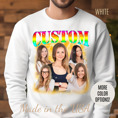 Custom Photo Bootleg Girlfriend Rainbow 90s Retro Vintage Sweatshirt, Face for Boyfriend Birthday Gift on Sweatshirt, Bootleg Tee, S1524